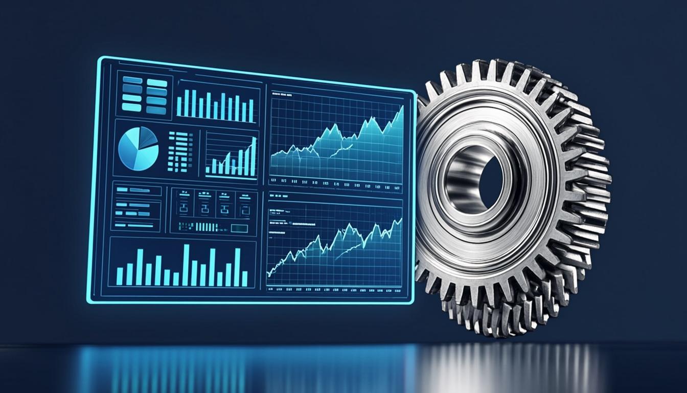 Business dashboard with analytics and automation gear illustration